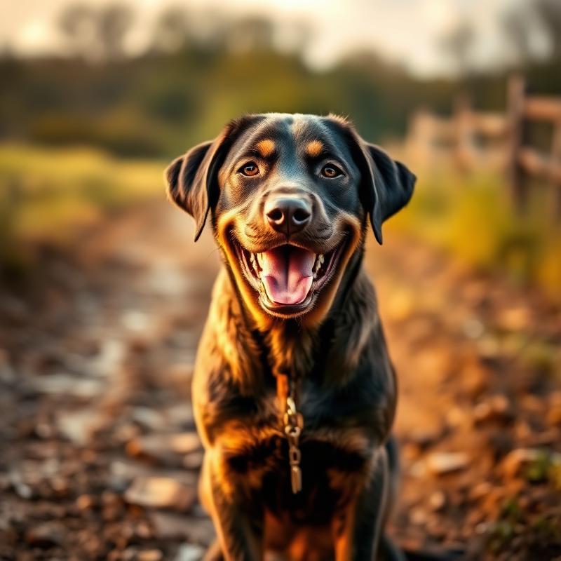 Smiling brown dog in the countryside