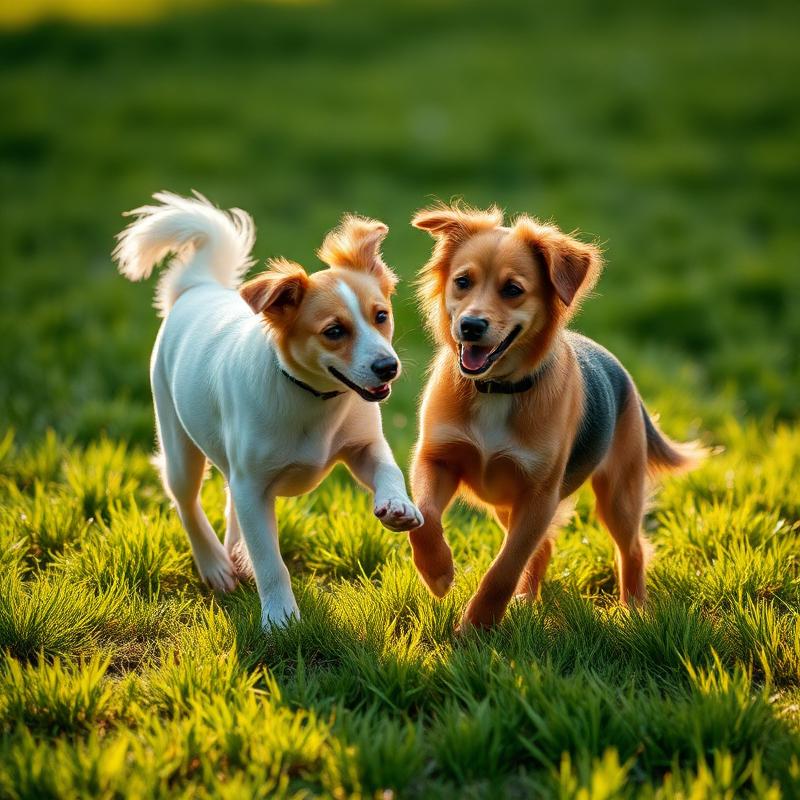 Two puppies playing in the grass