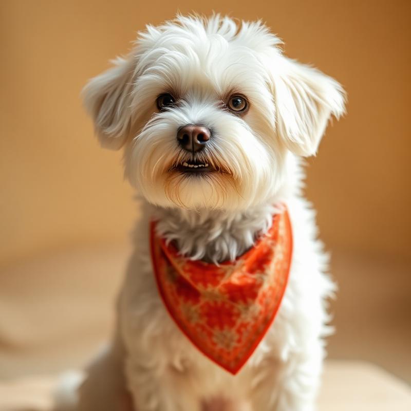 Freshly groomed white dog with bandana
