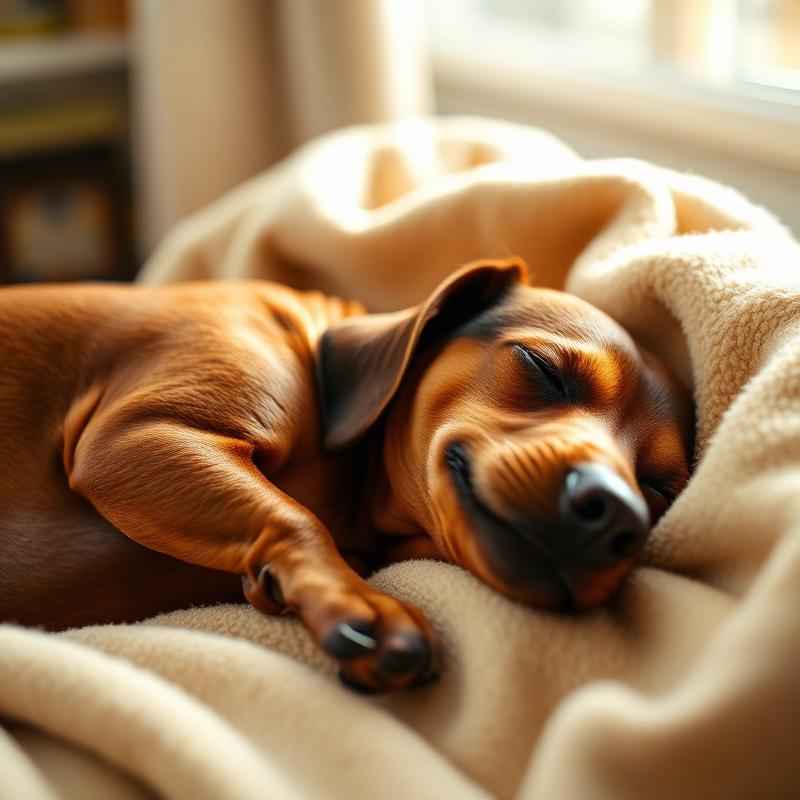 Sleeping dachshund on a cosy blanket