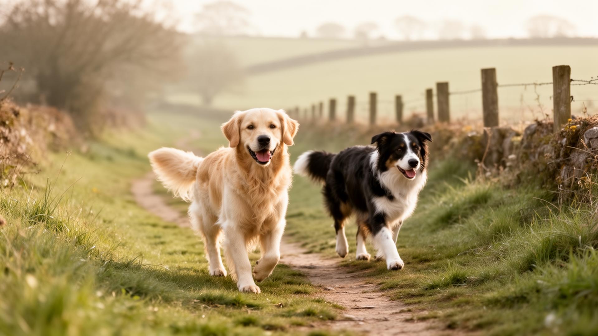 Two dogs on a countryside walk